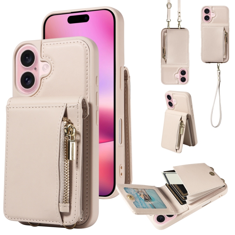 

For iPhone 16 Crossbody Lanyard Zipper Wallet Leather Phone Case(Beige)