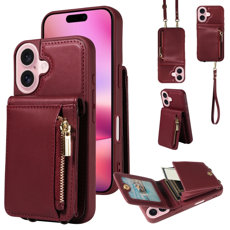 

For iPhone 16 Crossbody Lanyard Zipper Wallet Leather Phone Case(Wine Red)