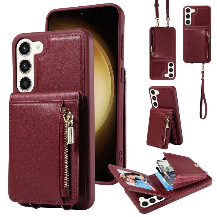 

For Samsung Galaxy S23+ 5G Crossbody Lanyard Zipper Wallet Leather Phone Case(Wine Red)