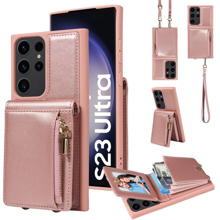 

For Samsung Galaxy S23 Ultra 5G Crossbody Lanyard Zipper Wallet Leather Phone Case(Rose Gold)