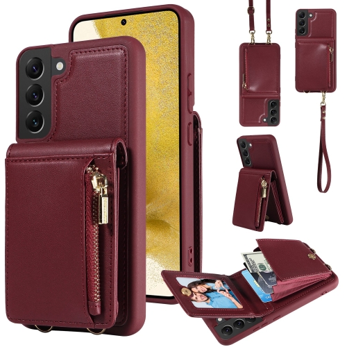 

For Samsung Galaxy S22+ 5G Crossbody Lanyard Zipper Wallet Leather Phone Case(Wine Red)