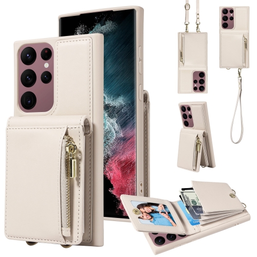 

For Samsung Galaxy S22 Ultra 5G Crossbody Lanyard Zipper Wallet Leather Phone Case(Beige)