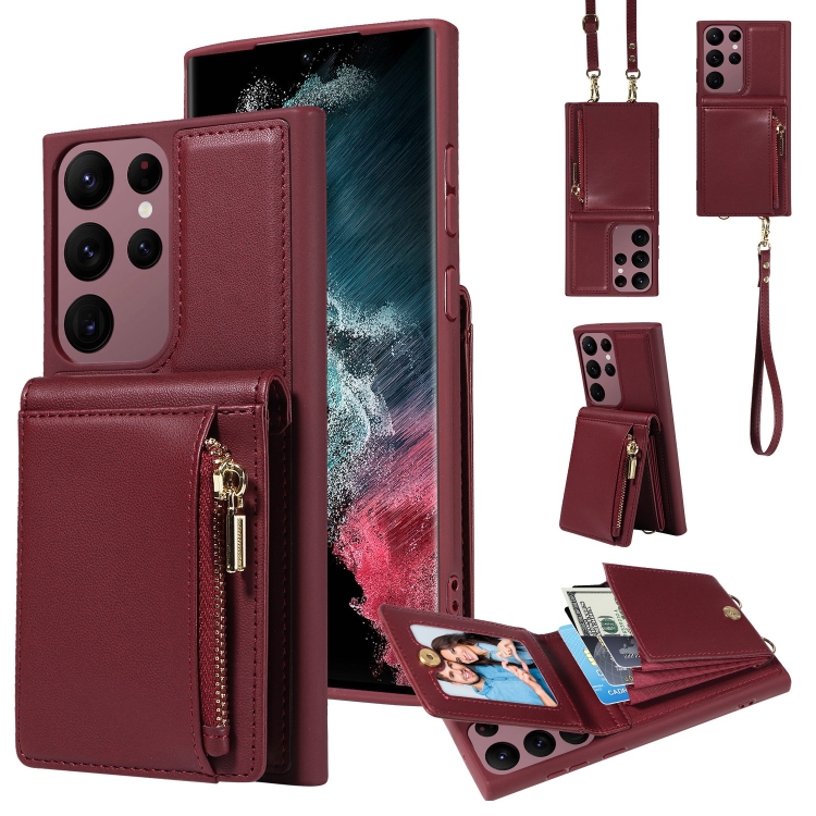 

For Samsung Galaxy S22 Ultra 5G Crossbody Lanyard Zipper Wallet Leather Phone Case(Wine Red)
