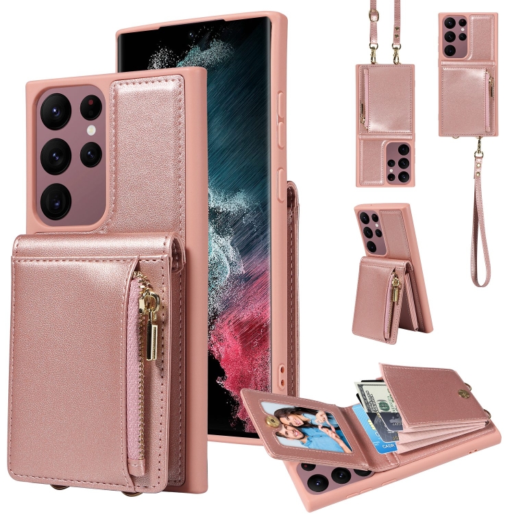 

For Samsung Galaxy S22 Ultra 5G Crossbody Lanyard Zipper Wallet Leather Phone Case(Rose Gold)