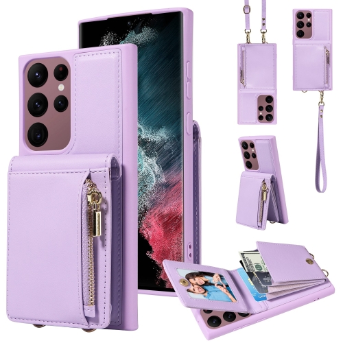 

For Samsung Galaxy S22 Ultra 5G Crossbody Lanyard Zipper Wallet Leather Phone Case(Purple)