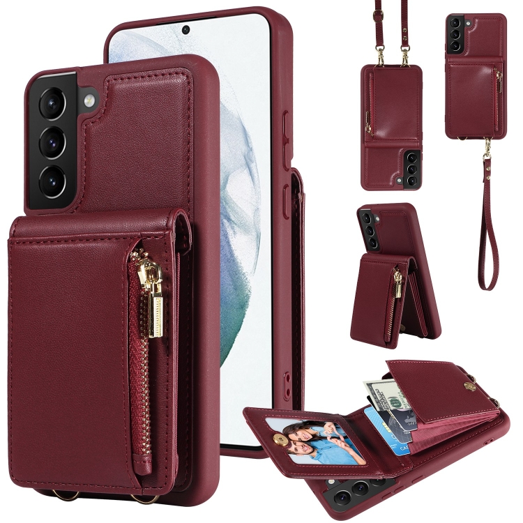 

For Samsung Galaxy S21+ 5G Crossbody Lanyard Zipper Wallet Leather Phone Case(Wine Red)