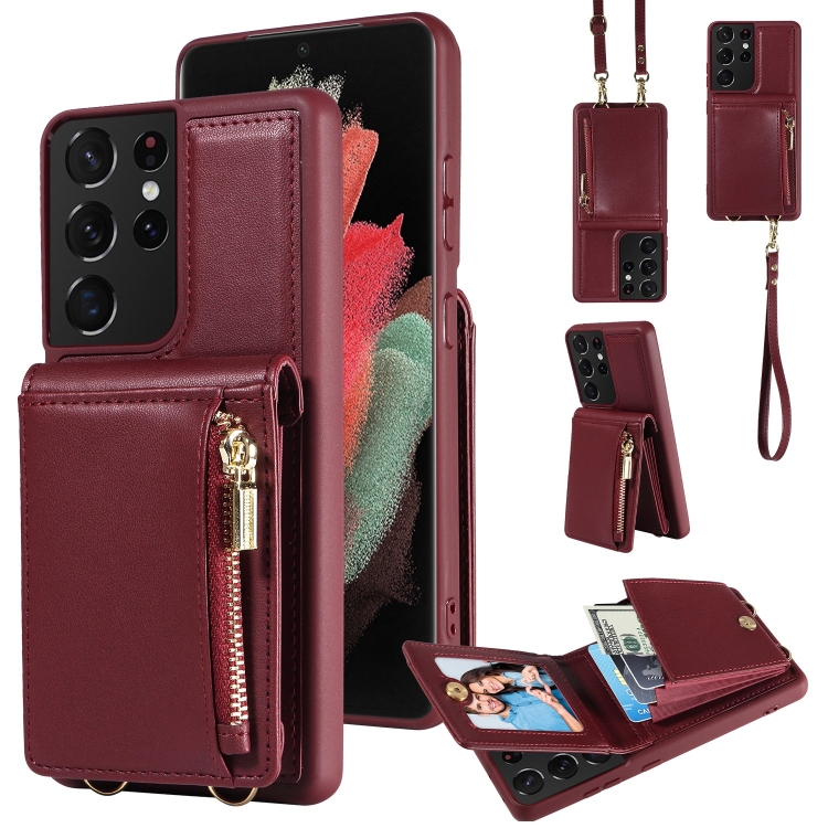 

For Samsung Galaxy S21 Ultra 5G Crossbody Lanyard Zipper Wallet Leather Phone Case(Wine Red)