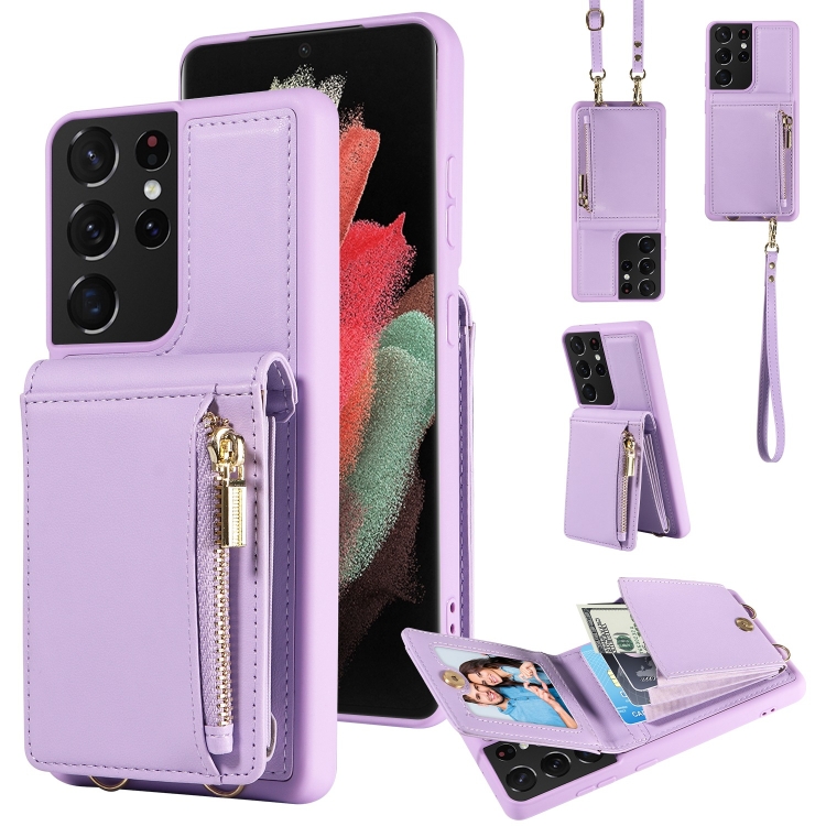 

For Samsung Galaxy S21 Ultra 5G Crossbody Lanyard Zipper Wallet Leather Phone Case(Purple)