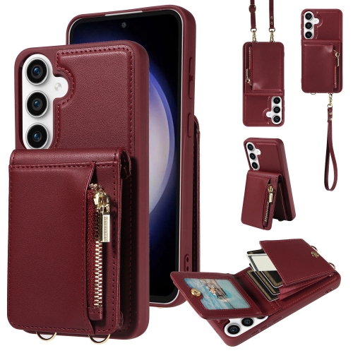 

For Samsung Galaxy S23 FE 5G Crossbody Lanyard Zipper Wallet Leather Phone Case(Wine Red)