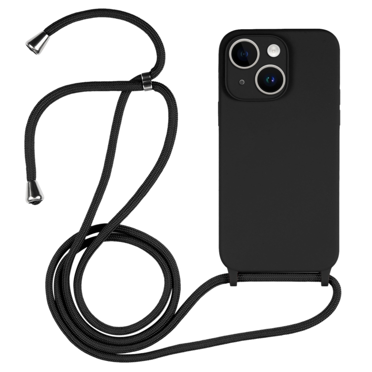 

For iPhone 15 Plus Crossbody Lanyard Liquid Silicone Case(Black)