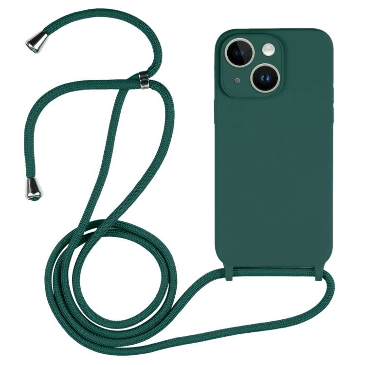 

For iPhone 15 Plus Crossbody Lanyard Liquid Silicone Case(Pine Needle Green)