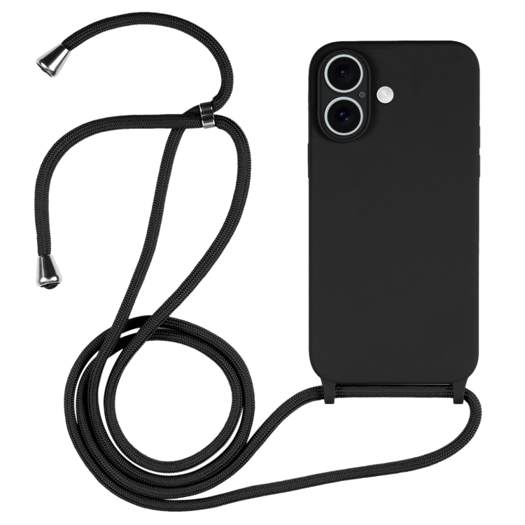 

For iPhone 16 Plus Crossbody Lanyard Liquid Silicone Case(Black)