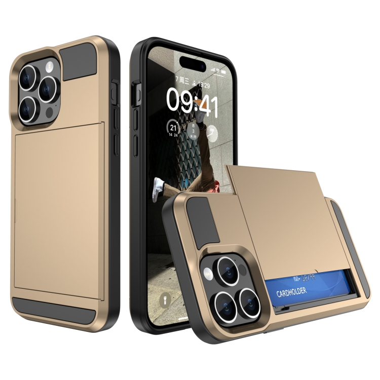

For iPhone 15 Pro Max Multifunction Armor Slide Card Slot Phone Case(Gold)