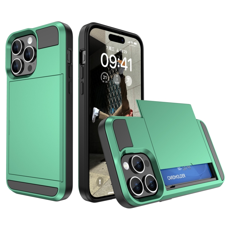 

For iPhone 15 Pro Multifunction Armor Slide Card Slot Phone Case(Mint Green)