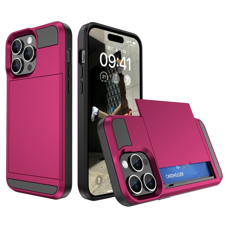 

For iPhone 15 Pro Multifunction Armor Slide Card Slot Phone Case(Rose Red)