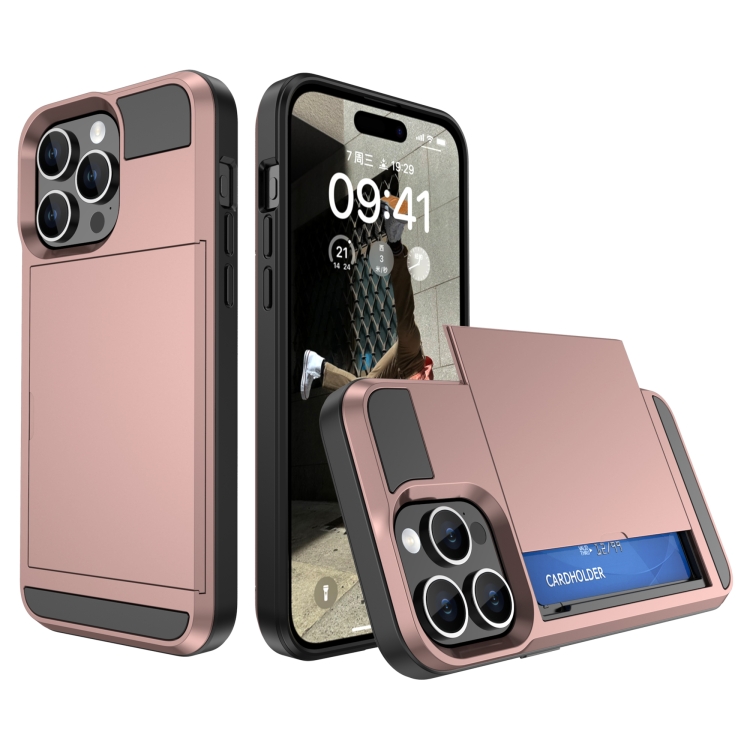 

For iPhone 15 Pro Multifunction Armor Slide Card Slot Phone Case(Rose Gold)