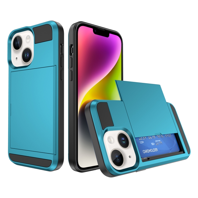 

For iPhone 15 Plus Multifunction Armor Slide Card Slot Phone Case(Sky Blue)