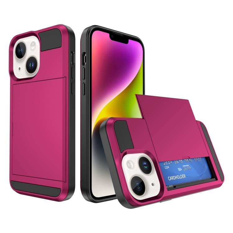 

For iPhone 15 Plus Multifunction Armor Slide Card Slot Phone Case(Rose Red)