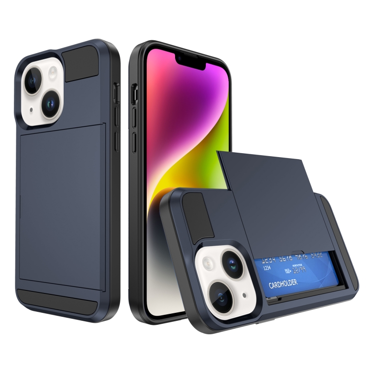

For iPhone 15 Plus Multifunction Armor Slide Card Slot Phone Case(Navy Blue)