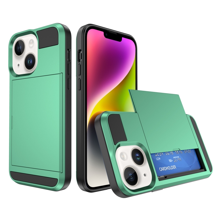 

For iPhone 15 Multifunction Armor Slide Card Slot Phone Case(Mint Green)