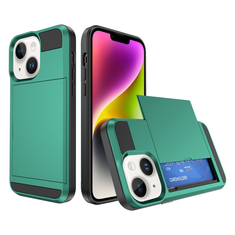 

For iPhone 14 Plus Multifunction Armor Slide Card Slot Phone Case(Green Lake)