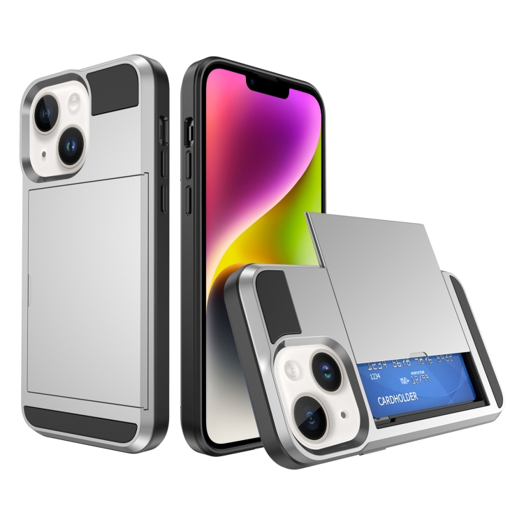 

For iPhone 14 Plus Multifunction Armor Slide Card Slot Phone Case(Silver)
