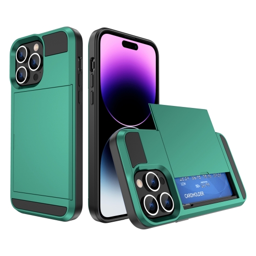 

For iPhone 14 Pro Multifunction Armor Slide Card Slot Phone Case(Green Lake)