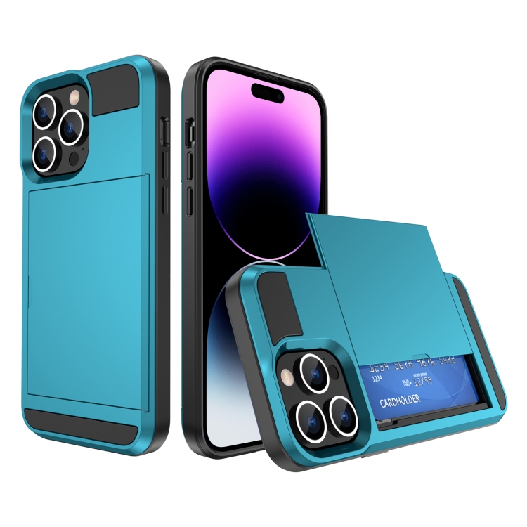 

For iPhone 14 Pro Multifunction Armor Slide Card Slot Phone Case(Sky Blue)