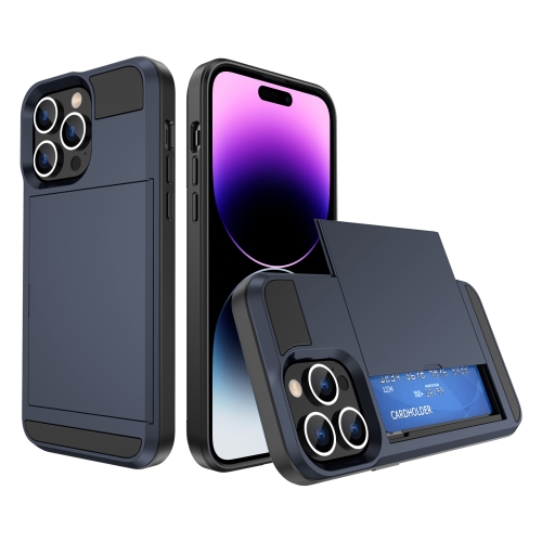 

For iPhone 14 Pro Multifunction Armor Slide Card Slot Phone Case(Navy Blue)