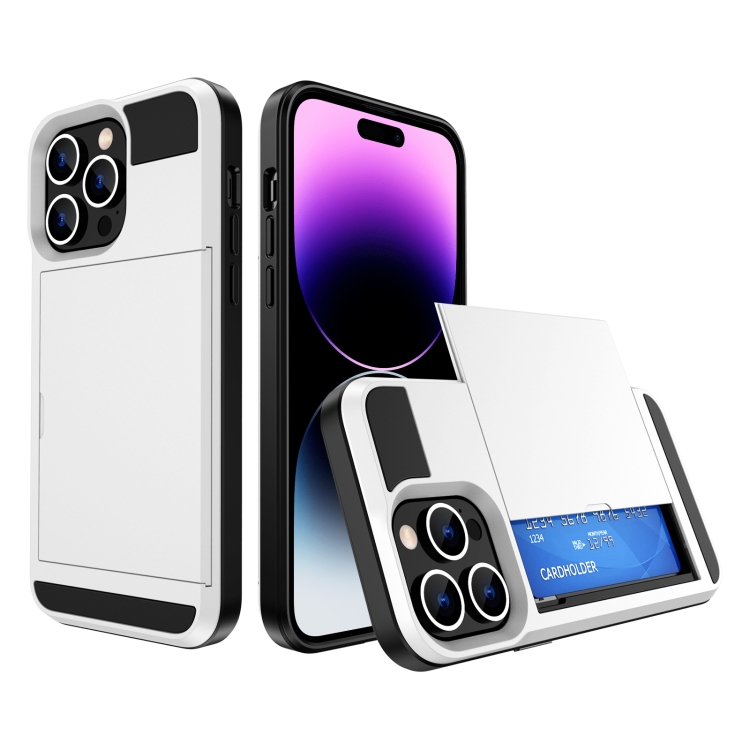 

For iPhone 14 Pro Max Multifunction Armor Slide Card Slot Phone Case(White)