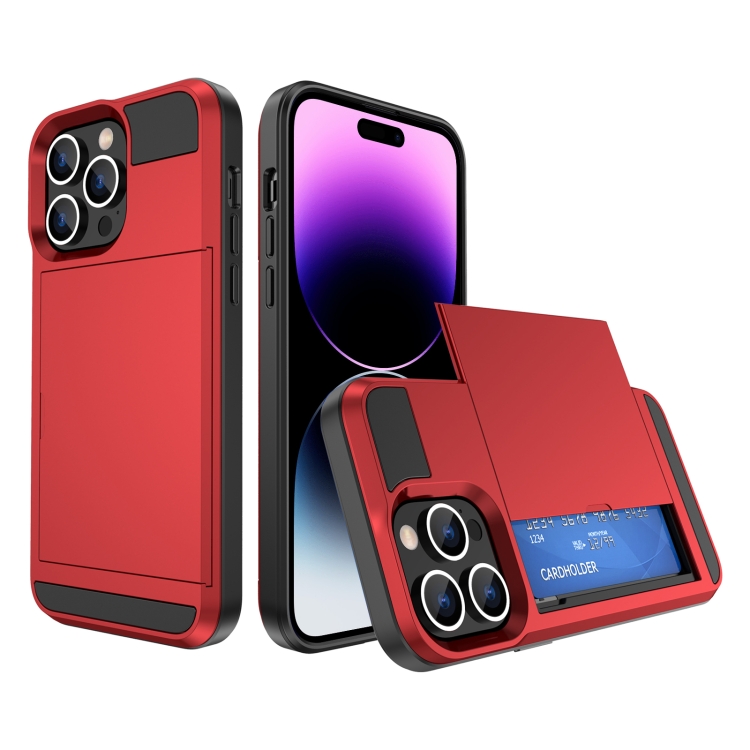 

For iPhone 14 Pro Max Multifunction Armor Slide Card Slot Phone Case(Red)