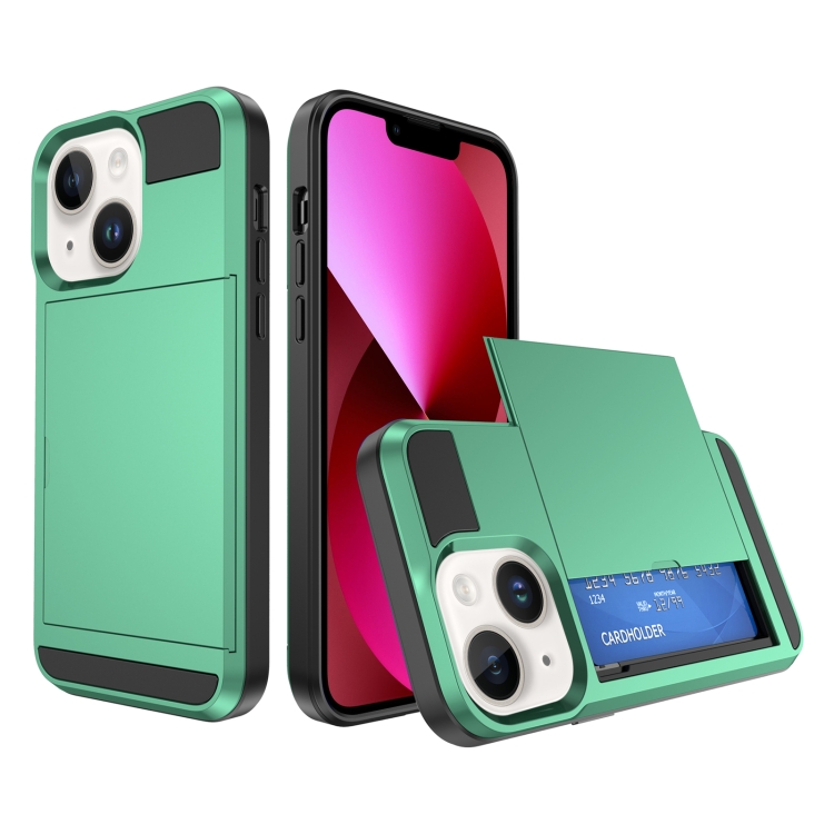 

For iPhone 13 Multifunction Armor Slide Card Slot Phone Case(Mint Green)