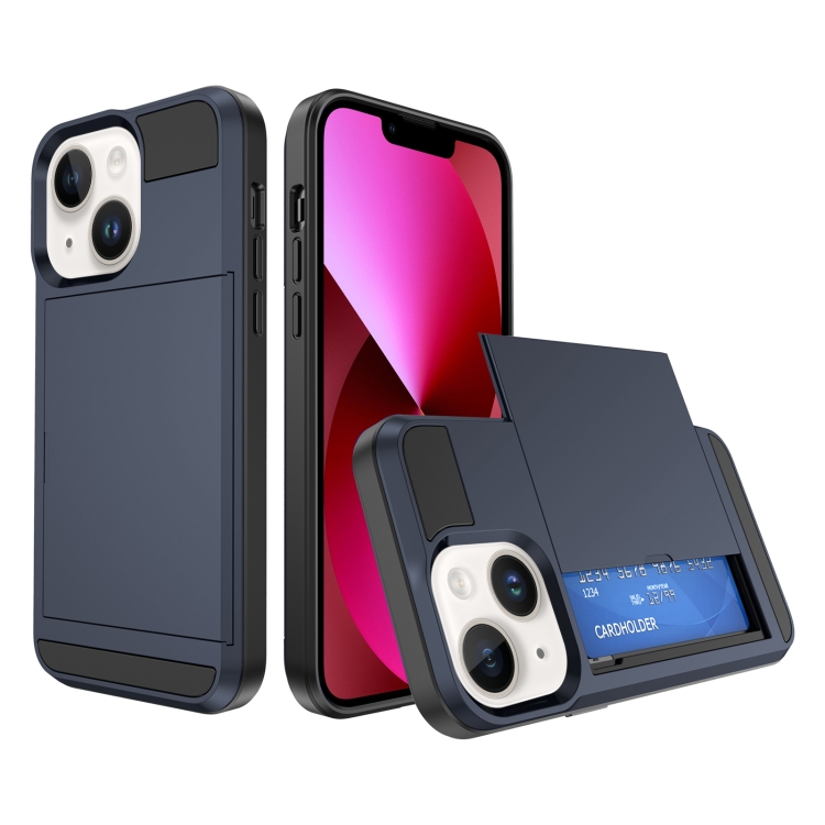 

For iPhone 13 Multifunction Armor Slide Card Slot Phone Case(Navy Blue)