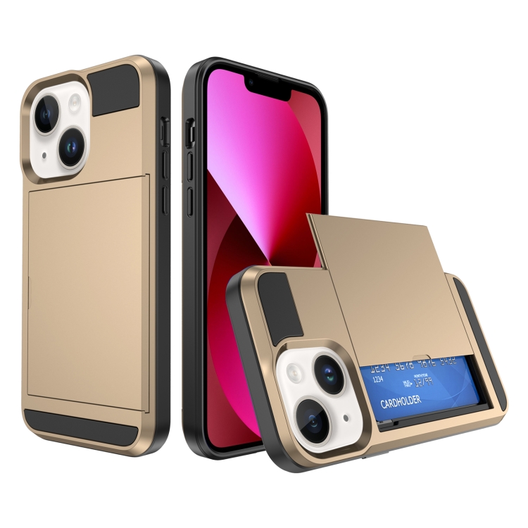 

For iPhone 13 Multifunction Armor Slide Card Slot Phone Case(Gold)