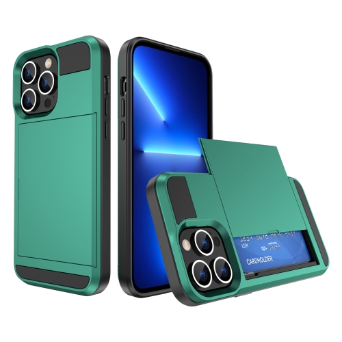 

For iPhone 13 Pro Multifunction Armor Slide Card Slot Phone Case(Green Lake)