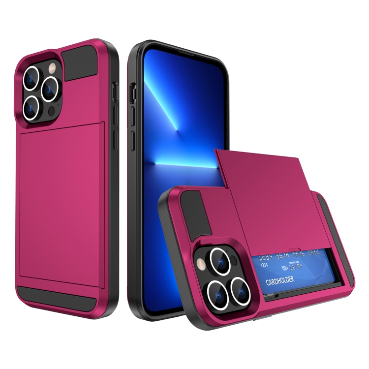 

For iPhone 13 Pro Multifunction Armor Slide Card Slot Phone Case(Rose Red)