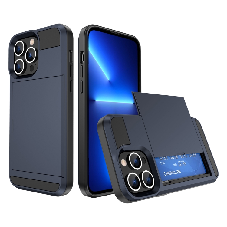 

For iPhone 13 Pro Multifunction Armor Slide Card Slot Phone Case(Navy Blue)