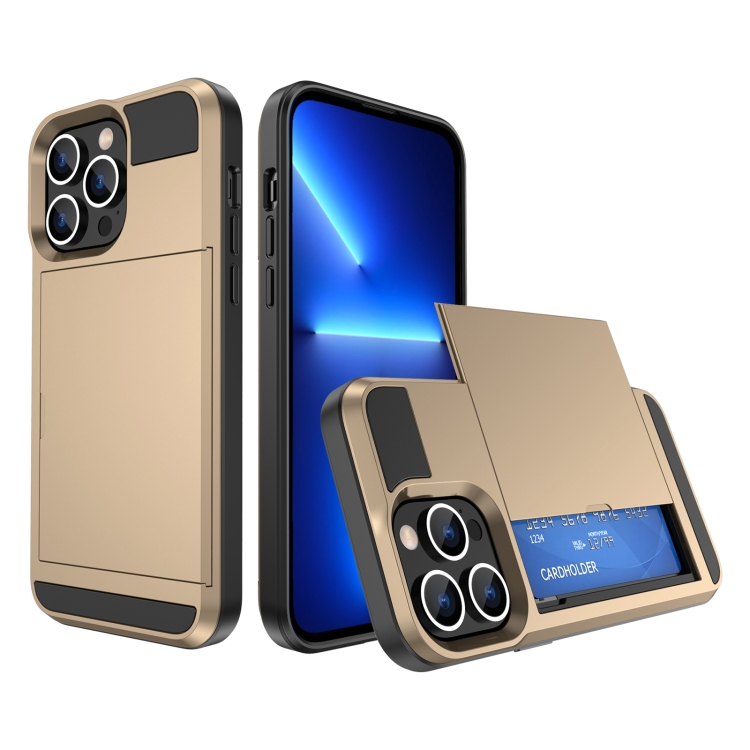 

For iPhone 13 Pro Multifunction Armor Slide Card Slot Phone Case(Gold)