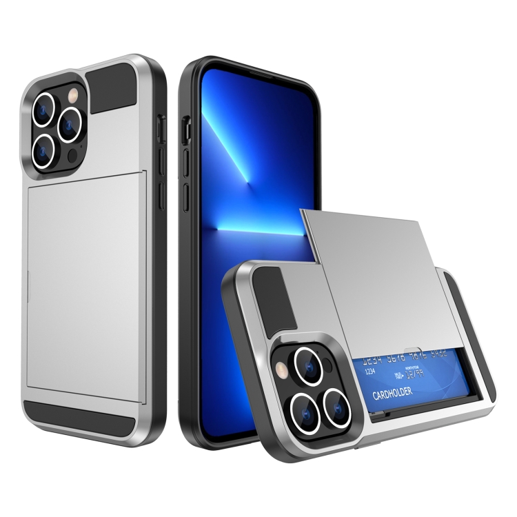 

For iPhone 13 Pro Multifunction Armor Slide Card Slot Phone Case(Silver)