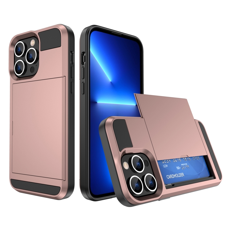

For iPhone 13 Pro Multifunction Armor Slide Card Slot Phone Case(Rose Gold)