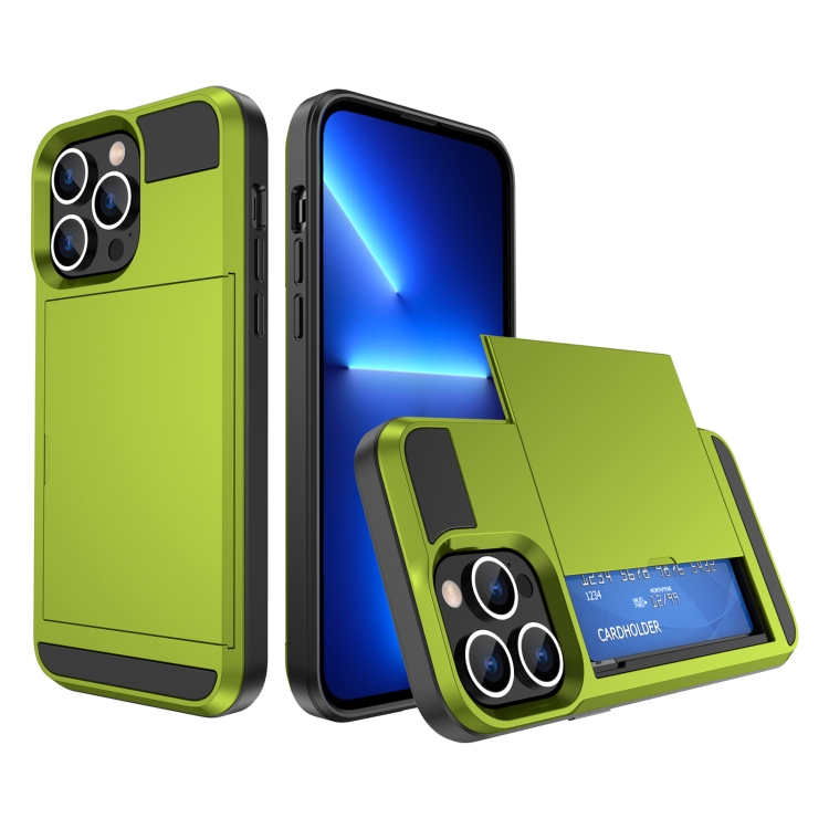 

For iPhone 13 Pro Max Multifunction Armor Slide Card Slot Phone Case(Grass Green)