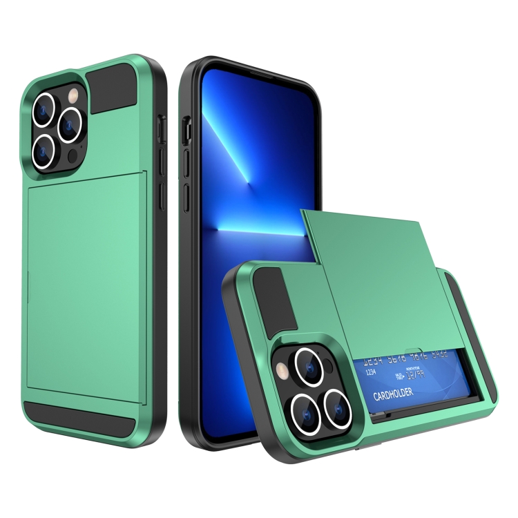 

For iPhone 13 Pro Max Multifunction Armor Slide Card Slot Phone Case(Mint Green)