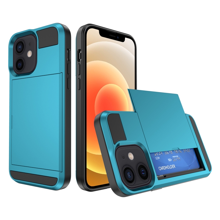 

For iPhone 12 Multifunction Armor Slide Card Slot Phone Case(Sky Blue)