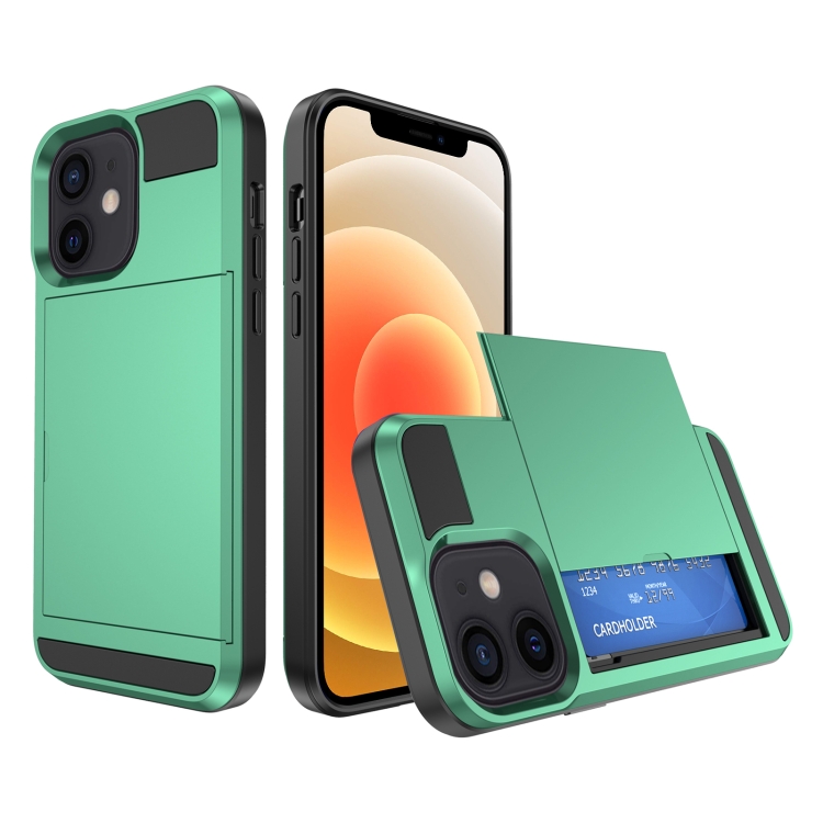 

For iPhone 12 Multifunction Armor Slide Card Slot Phone Case(Mint Green)