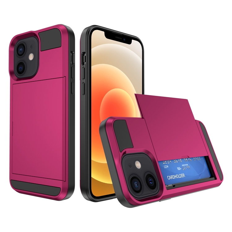 

For iPhone 12 Multifunction Armor Slide Card Slot Phone Case(Rose Red)