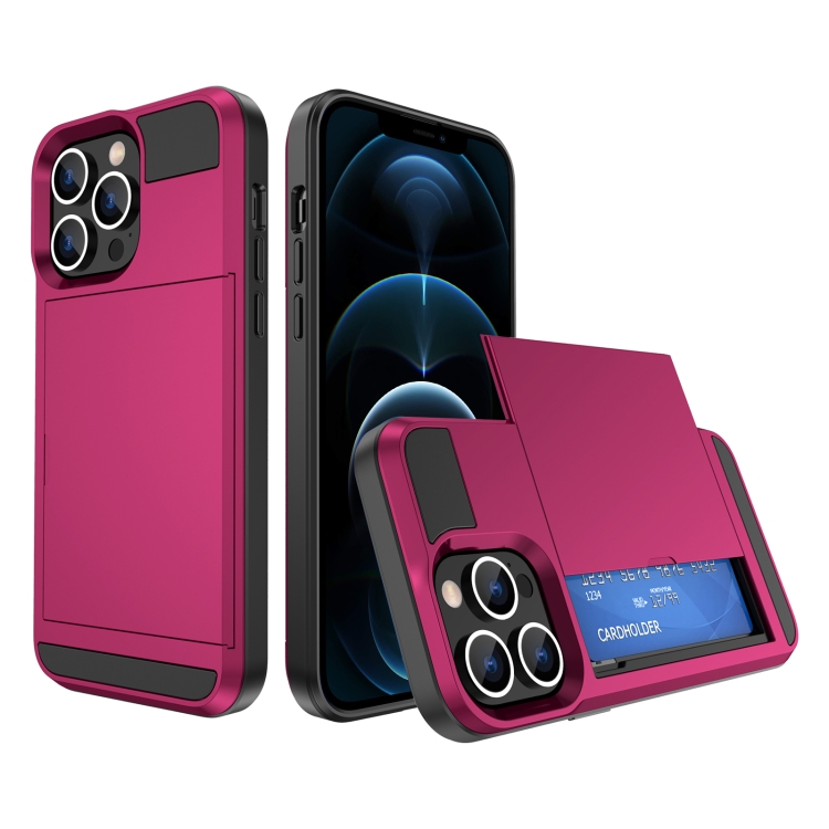 

For iPhone 12 Pro Multifunction Armor Slide Card Slot Phone Case(Rose Red)