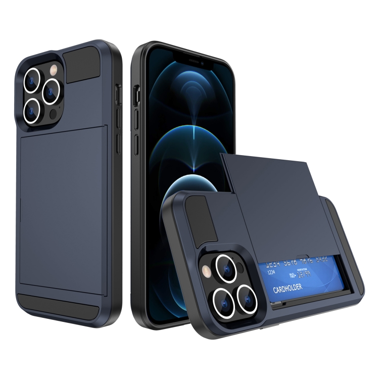 

For iPhone 12 Pro Multifunction Armor Slide Card Slot Phone Case(Navy Blue)