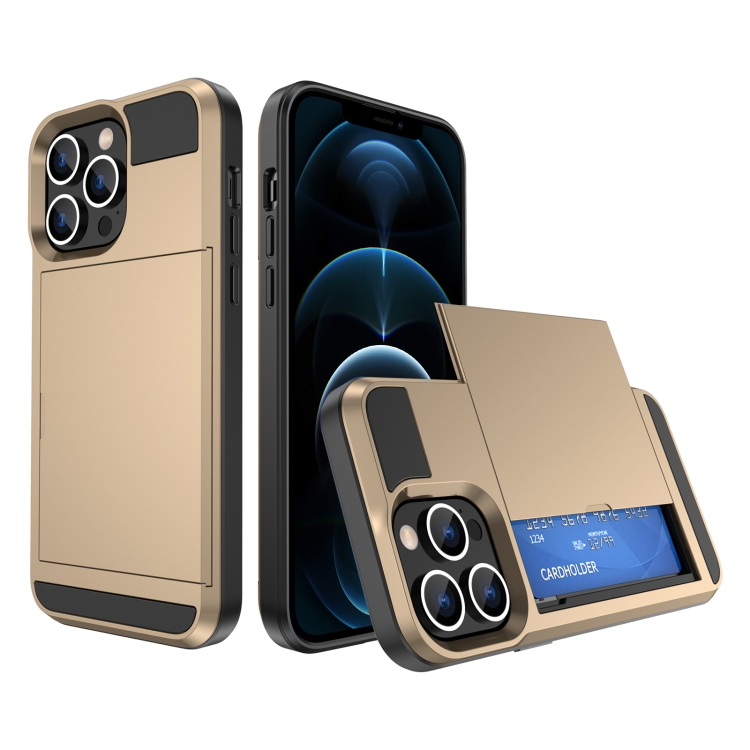 

For iPhone 12 Pro Multifunction Armor Slide Card Slot Phone Case(Gold)