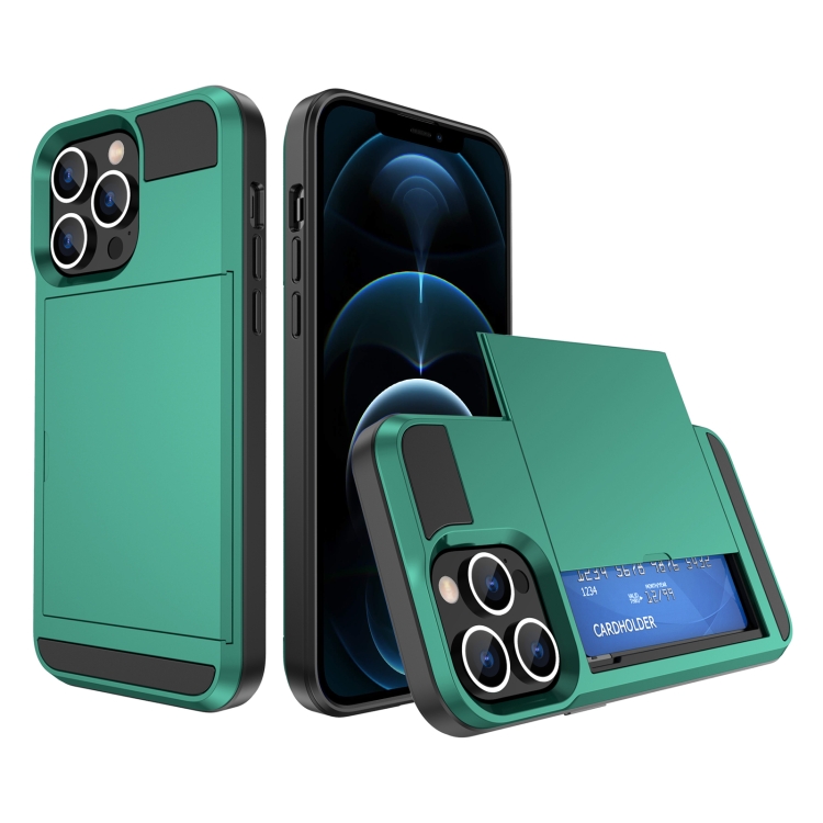 

For iPhone 12 Pro Max Multifunction Armor Slide Card Slot Phone Case(Green Lake)