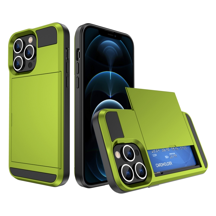 

For iPhone 12 Pro Max Multifunction Armor Slide Card Slot Phone Case(Grass Green)